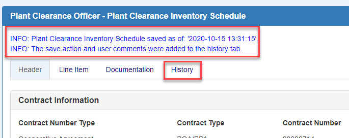 This image displays a success info message for the user after saving the Plant Clearance Document.