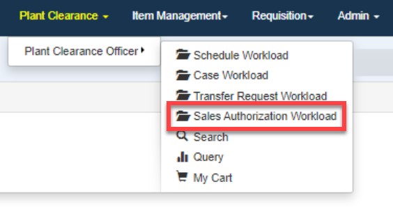 This image displays a dropdown in GFP for Sales Authorization Workload 